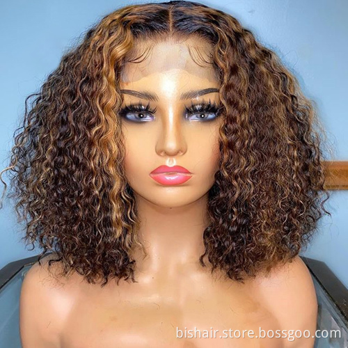 BIS Wholesale Ombre Colored Highlight Short Bob Wig Curly4*4 Lace Front Human Hair Wigs 150% Brazilian Honey Blonde Baby Hair